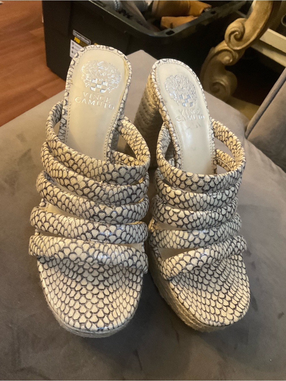 Vince Camuto Cream Snake-Print Woven Strap Wedge Sandals